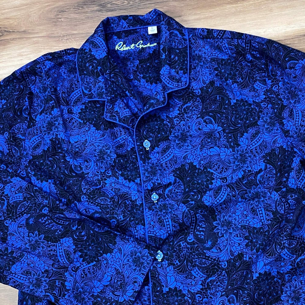 Robert Graham Pajama Top Mens Large Paisley 100% Cotton Button Down Blue Maximal